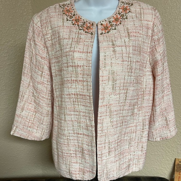 4/$15 Alfred Dunner Pink Tweed Blazer with Floral Accents - Picture 1 of 5